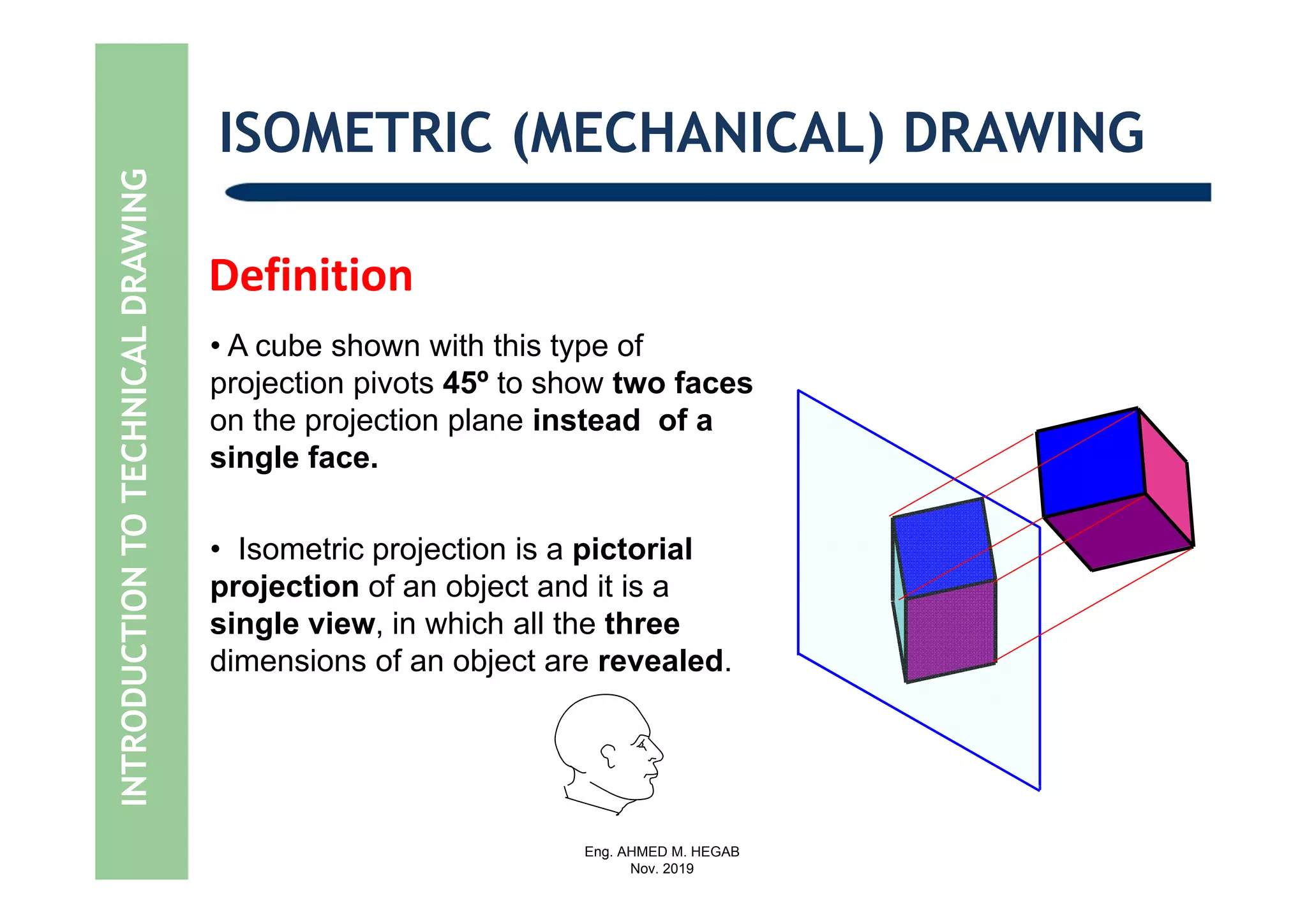 Eng. AHMED M. HEGAB
Nov. 2019
Definition
INTRODUCTIONTOTECHNICALDRAWING ISOMETRIC (MECHANICAL) DRAWING
• A cube shown with this type of
projection pivots 45º to show two faces
on the projection plane instead of a
single face.
• Isometric projection is a pictorial
projection of an object and it is a
single view, in which all the three
dimensions of an object are revealed.
 