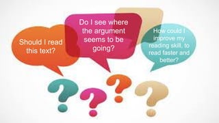 Should I read
this text?
Do I see where
the argument
seems to be
going?
How could I
improve my
reading skill, to
read faster and
better?
 