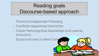 Reading goals
Discourse-based approach
○ Maximize Independent Reading
○ Facilitate Negotiated Interaction
○ Foster Metacognitive Awareness and Learner
Autonomy
○ Expand Access to New Content Areas
 