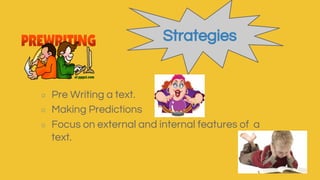 ○ Pre Writing a text.
○ Making Predictions
○ Focus on external and internal features of a
text.
Strategies
 