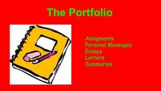 Assigments
Personal Messages
Essays
Letters
Summaries
The Portfolio
 
