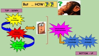 Purpose
for reading
But … HOW
Writing
conventions
Prior
knowledge
TOP - DOWN
Interpretation/
Understanding
BOTTOM - UP
Language
knowledge
Reading
strategies
 