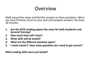 Overview
Walk around the room and find the answers to these questions. When
you have finished, return to your seat and compare answers. You have
10 minutes.
1. Are the IELTS reading papers the same for both Academic and
General Training?
2. How much time will I have?
3. What skills will be tested?
4. What are the different question types?
5. I need a band 7. How many questions do I need to get correct?
What reading skills were just tested?
 