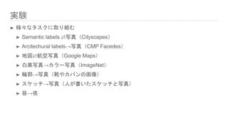 実験
➤ 様々なタスクに取り組む
➤ Semantic labels ⇄写真（Cityscapes）
➤ Arcitechural labels→写真（CMP Facedes）
➤ 地図⇄航空写真（Google Maps）
➤ 白黒写真→カラー写真（ImageNet）
➤ 輪郭→写真（靴やカバンの画像）
➤ スケッチ→写真（人が書いたスケッチと写真）
➤ 昼→夜
 