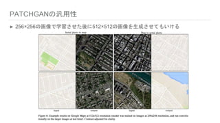 PATCHGANの汎用性
➤ 256×256の画像で学習させた後に512×512の画像を生成させてもいける
 