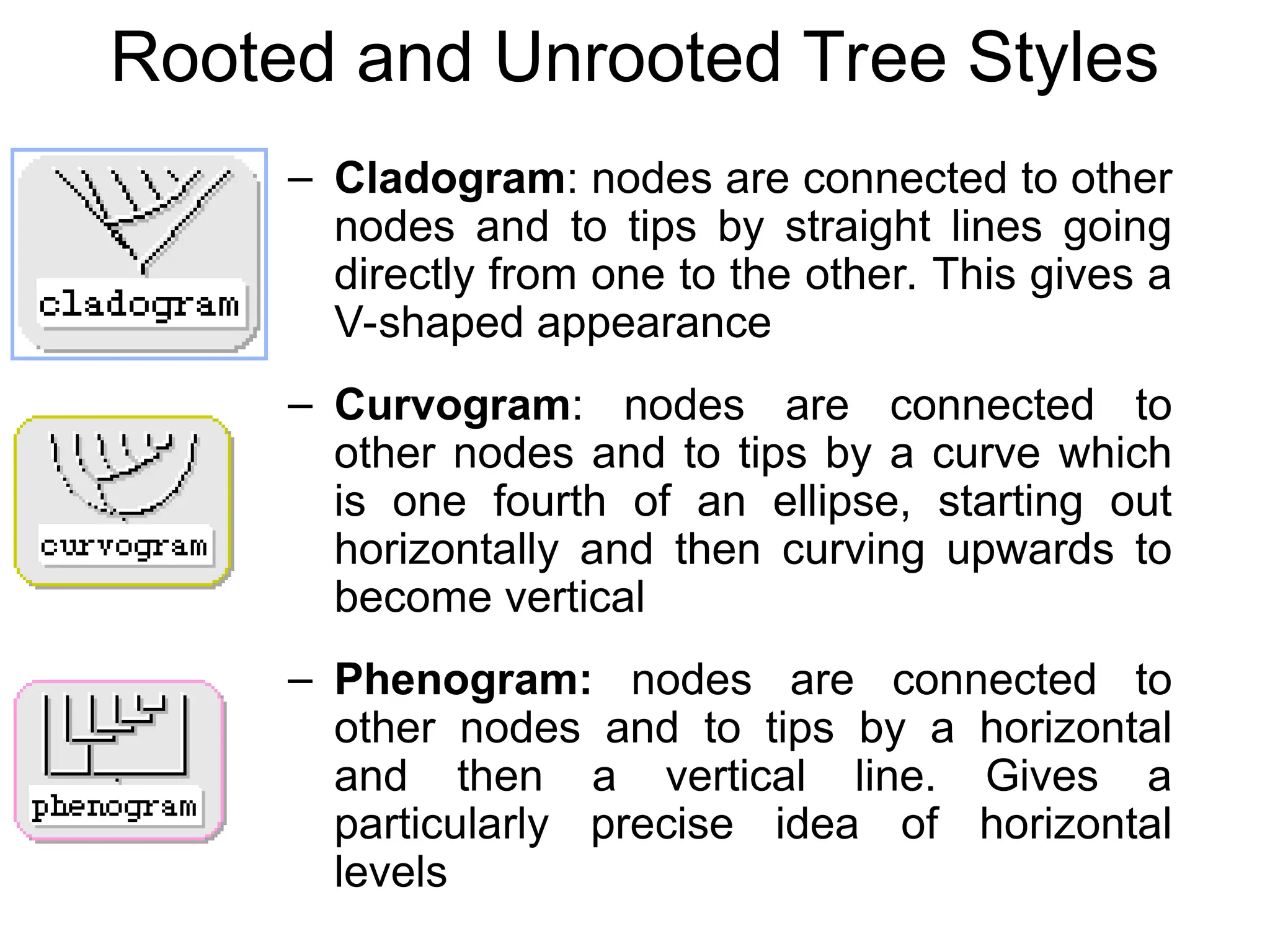 Rooted and Unrooted Tree Styles
– Cladogram: nodes are connected to other
nodes and to tips by straight lines going
directly from one to the other. This gives a
V-shaped appearance
– Curvogram: nodes are connected to
other nodes and to tips by a curve which
is one fourth of an ellipse, starting out
horizontally and then curving upwards to
become vertical
– Phenogram: nodes are connected to
other nodes and to tips by a horizontal
and then a vertical line. Gives a
particularly precise idea of horizontal
levels
 