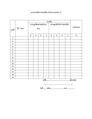 แบบประเมินการออกเสียง (While-reading 1)
ลงชื่อ.........................................................ผู้ประเมิน
(................................................................)
วันที่..........เดือน.................................พ.ศ. .................
เลขที่
ชื่อ - สกุล
ประเด็น
รวมคะแนน
ความถูกต้องตามหลักการ
อ่าน
ความถูกต้องในการออกเสียง
4 3 2 1 4 3 2 1 8
1
2
3
4
5
6
7
8
9
10
11
12
13
14
15
 