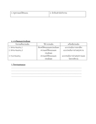 3. ครูตรวจและให้คะแนน 2. นักเรียนดำเนินกิจกรรม
6. การวัดผลและประเมินผล
กิจกรรมที่จะประเมิน วิธีกำรประเมิน เครื่องมือประเมิน
1. While-Reading 1
2. While-Reading 2
3. Post-Reading
สังเกตให้คะแนนและประเมินผล
ตรวจและให้คะแนนและ
ประเมินผล
ตรวจและให้คะแนนและ
ประเมินผล
แบบประเมินกำรออกเสียง
แบบประเมินกำรอ่ำนสรุปควำม
แบบประเมินกำรอ่ำนสรุปควำมและ
วิเครำะห์ควำม
7. กิจกรรมเสนอแนะ
………………………………………………………………………………………………………………..………………………..………………
………………………………………………………………………………………………………………..………………………..………………
………………………………………………………………………………………………………………..………………………..………………
………………………………………………………………………………………………………………..………………………..………………
 