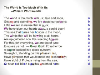 The World Is Too Much With Us
--William Wordsworth
The world is too much with us; late and soon,
Getting and spending, we lay waste our powers:
Little we see in nature that is ours;
We have given our hearts away, a sordid boon!
This sea that bares her bosom to the moon,
The winds that will be howling at all hours,
Are up-gathered now like sleeping flowers,
For this, for everything, we are out of tune;
It moves us not. — Great God! I’d rather be
A pagan suckled in a creed outworn;
So might I, standing on this pleasant lea,
Have glimpses that would make me less forlorn;
Have sight of Proteus rising from the sea;
Or hear old Triton blow his wreathèd horn.
a
b
b
a
a
b
b
a
c
d
c
d
c
d
 
