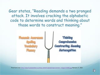 Gear states, “Reading demands a two pronged
  attack. It involves cracking the alphabetic
 code to determine words and thinking about
     those words to construct meaning.”




 Pitch Fork from: http://www.frjonesandson.co.uk/wp-content/uploads/wpsc/product_images/tt1053.jpg February 11, 2012
 