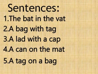 Sentences:
1.The bat in the vat
2.A bag with tag
3.A lad with a cap
4.A can on the mat
5.A tag on a bag
 
