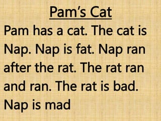 Pam’s Cat
Pam has a cat. The cat is
Nap. Nap is fat. Nap ran
after the rat. The rat ran
and ran. The rat is bad.
Nap is mad
 
