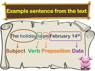 Example sentence from the text

The holiday is on February 14th.

Subject Verb Preposition Date

 