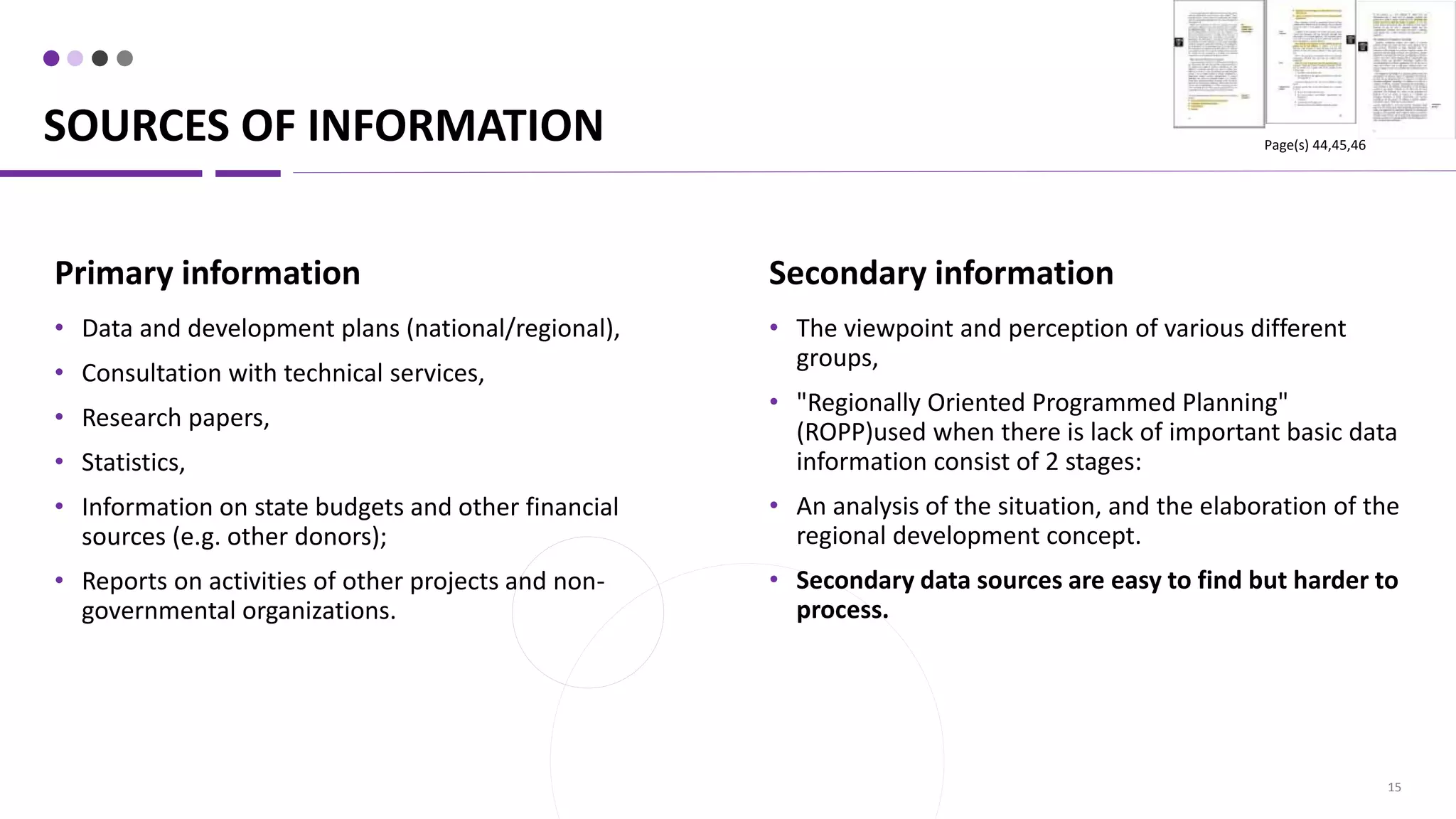 SOURCES OF INFORMATION
15
Secondary information
• The viewpoint and perception of various different
groups,
• "Regionally Oriented Programmed Planning"
(ROPP)used when there is lack of important basic data
information consist of 2 stages:
• An analysis of the situation, and the elaboration of the
regional development concept.
• Secondary data sources are easy to find but harder to
process.
Primary information
• Data and development plans (national/regional),
• Consultation with technical services,
• Research papers,
• Statistics,
• Information on state budgets and other financial
sources (e.g. other donors);
• Reports on activities of other projects and non-
governmental organizations.
Page(s) 44,45,46
 