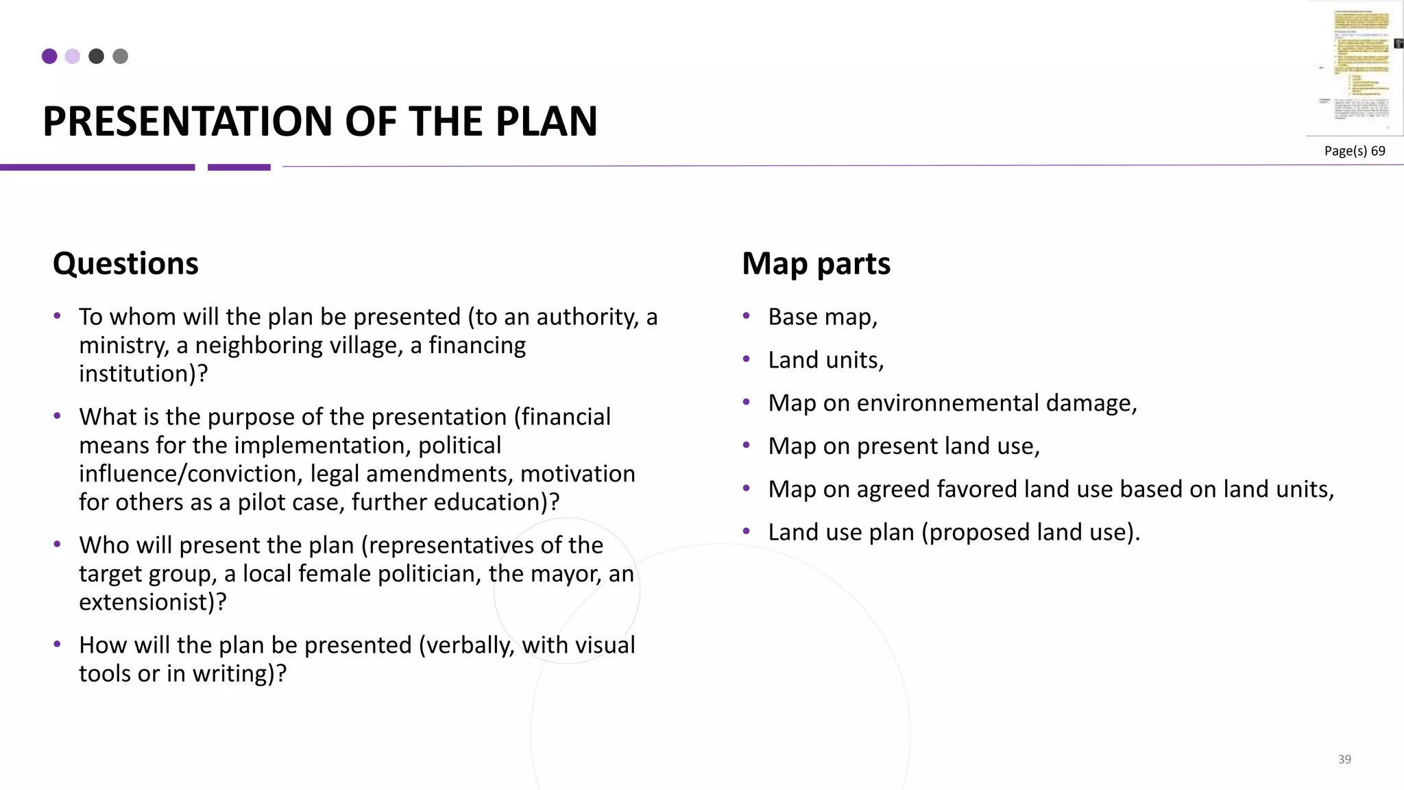 PRESENTATION OF THE PLAN
39
Map parts
• Base map,
• Land units,
• Map on environnemental damage,
• Map on present land use,
• Map on agreed favored land use based on land units,
• Land use plan (proposed land use).
Questions
• To whom will the plan be presented (to an authority, a
ministry, a neighboring village, a financing
institution)?
• What is the purpose of the presentation (financial
means for the implementation, political
influence/conviction, legal amendments, motivation
for others as a pilot case, further education)?
• Who will present the plan (representatives of the
target group, a local female politician, the mayor, an
extensionist)?
• How will the plan be presented (verbally, with visual
tools or in writing)?
Page(s) 69
 