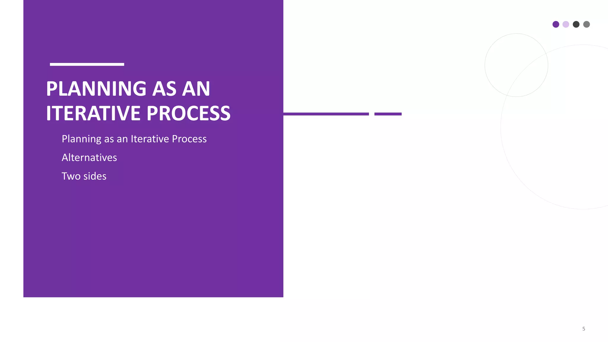 5
PLANNING AS AN
ITERATIVE PROCESS
• Planning as an Iterative Process
• Alternatives
• Two sides
 