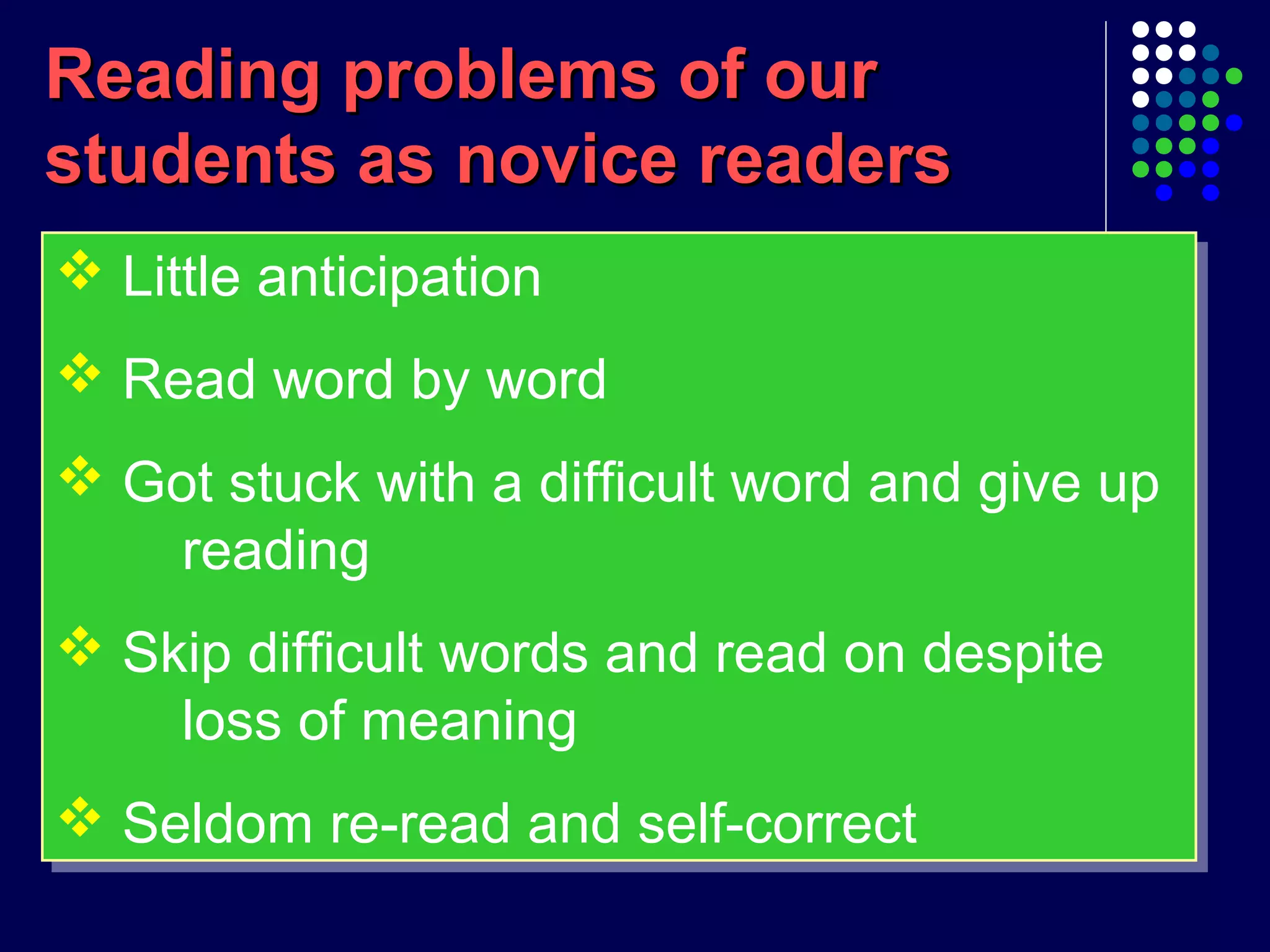 Reading problems of ourReading problems of our
students as novice readersstudents as novice readers
 Little anticipation
 Read word by word
 Got stuck with a difficult word and give up
reading
 Skip difficult words and read on despite
loss of meaning
 Seldom re-read and self-correct
 Little anticipation
 Read word by word
 Got stuck with a difficult word and give up
reading
 Skip difficult words and read on despite
loss of meaning
 Seldom re-read and self-correct
 
