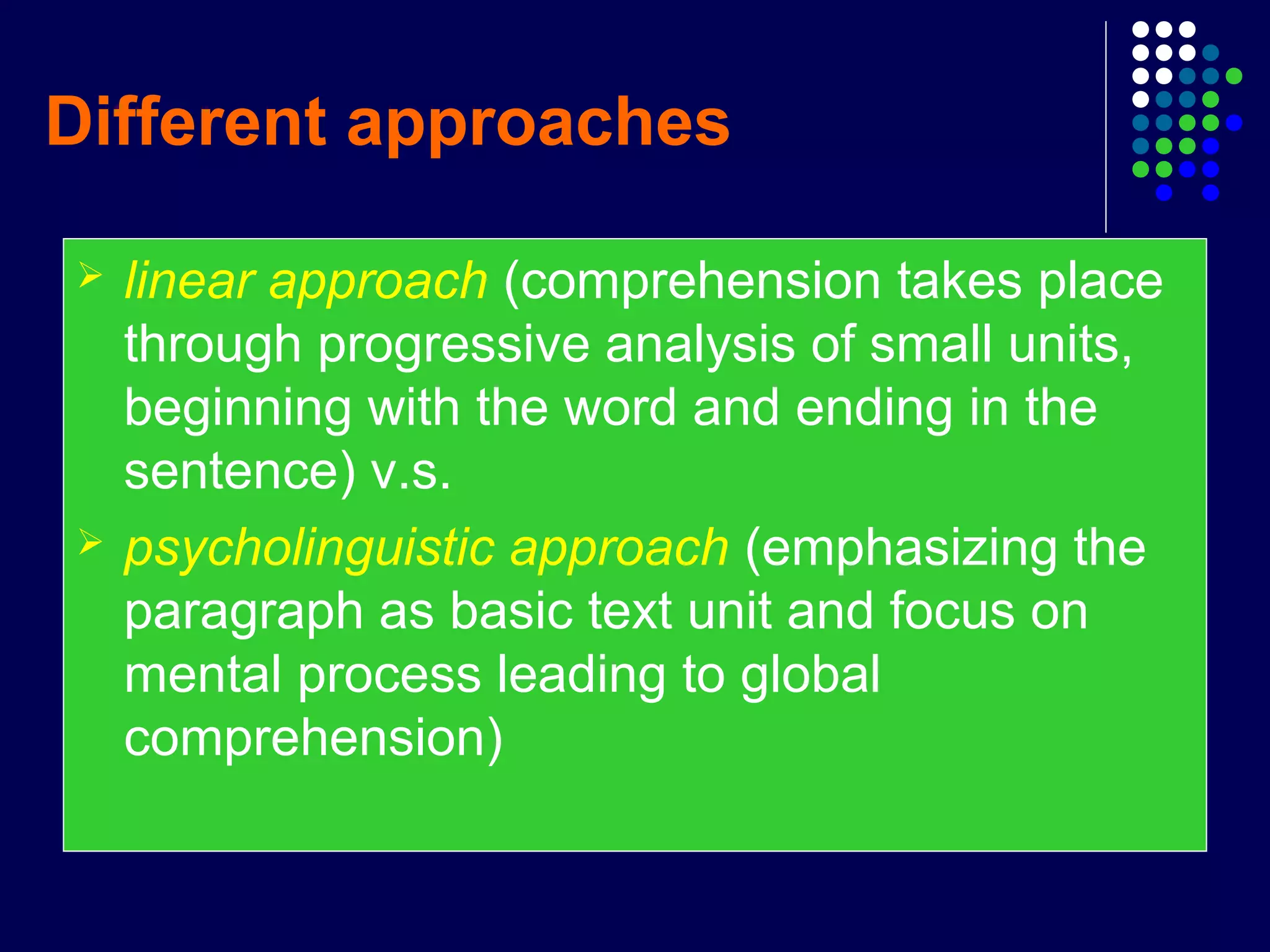 Different approaches
 linear approach (comprehension takes place
through progressive analysis of small units,
beginning with the word and ending in the
sentence) v.s.
 psycholinguistic approach (emphasizing the
paragraph as basic text unit and focus on
mental process leading to global
comprehension)
 