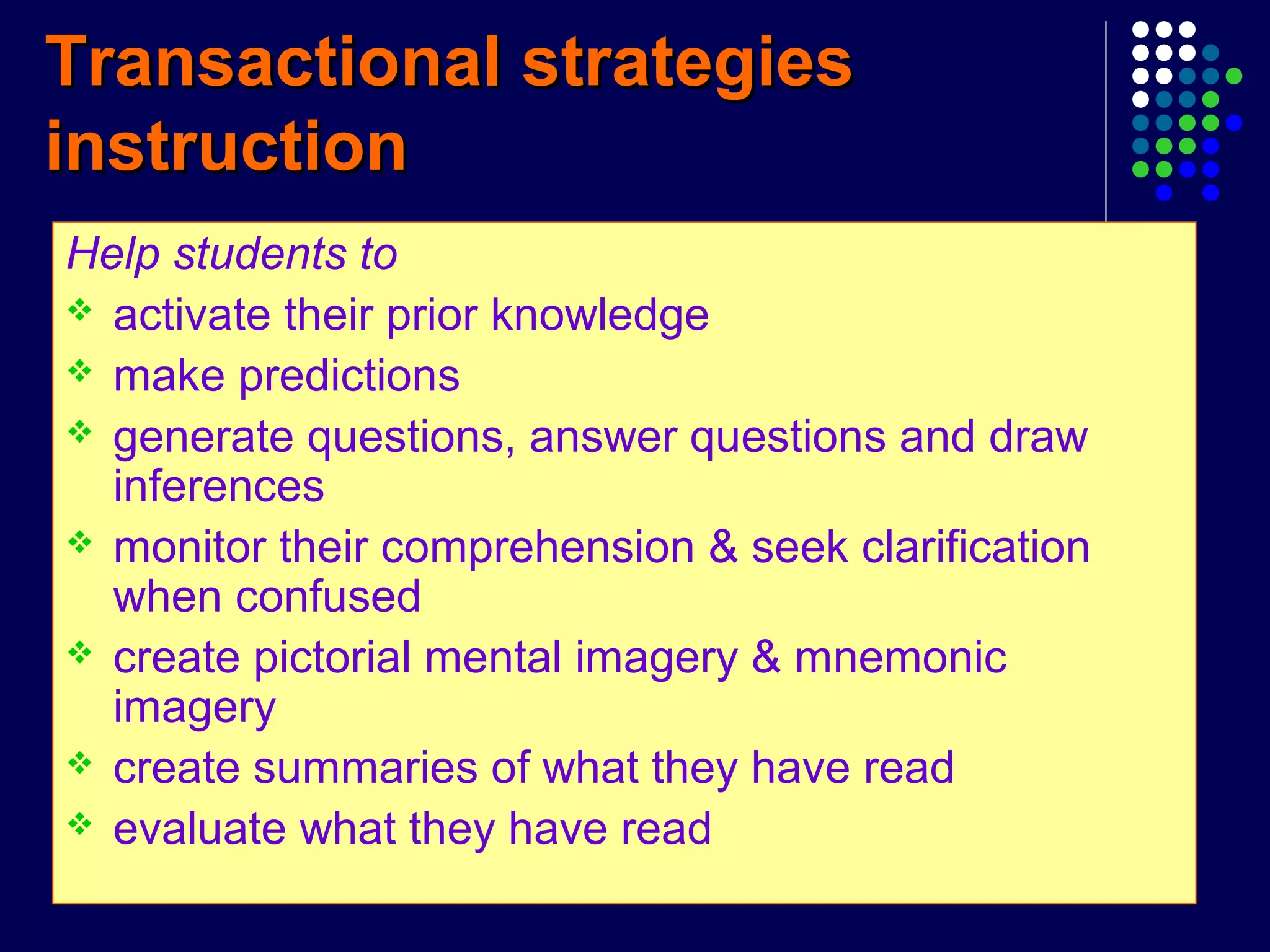 Transactional strategiesTransactional strategies
instructioninstruction
Help students to
 activate their prior knowledge
 make predictions
 generate questions, answer questions and draw
inferences
 monitor their comprehension & seek clarification
when confused
 create pictorial mental imagery & mnemonic
imagery
 create summaries of what they have read
 evaluate what they have read
 