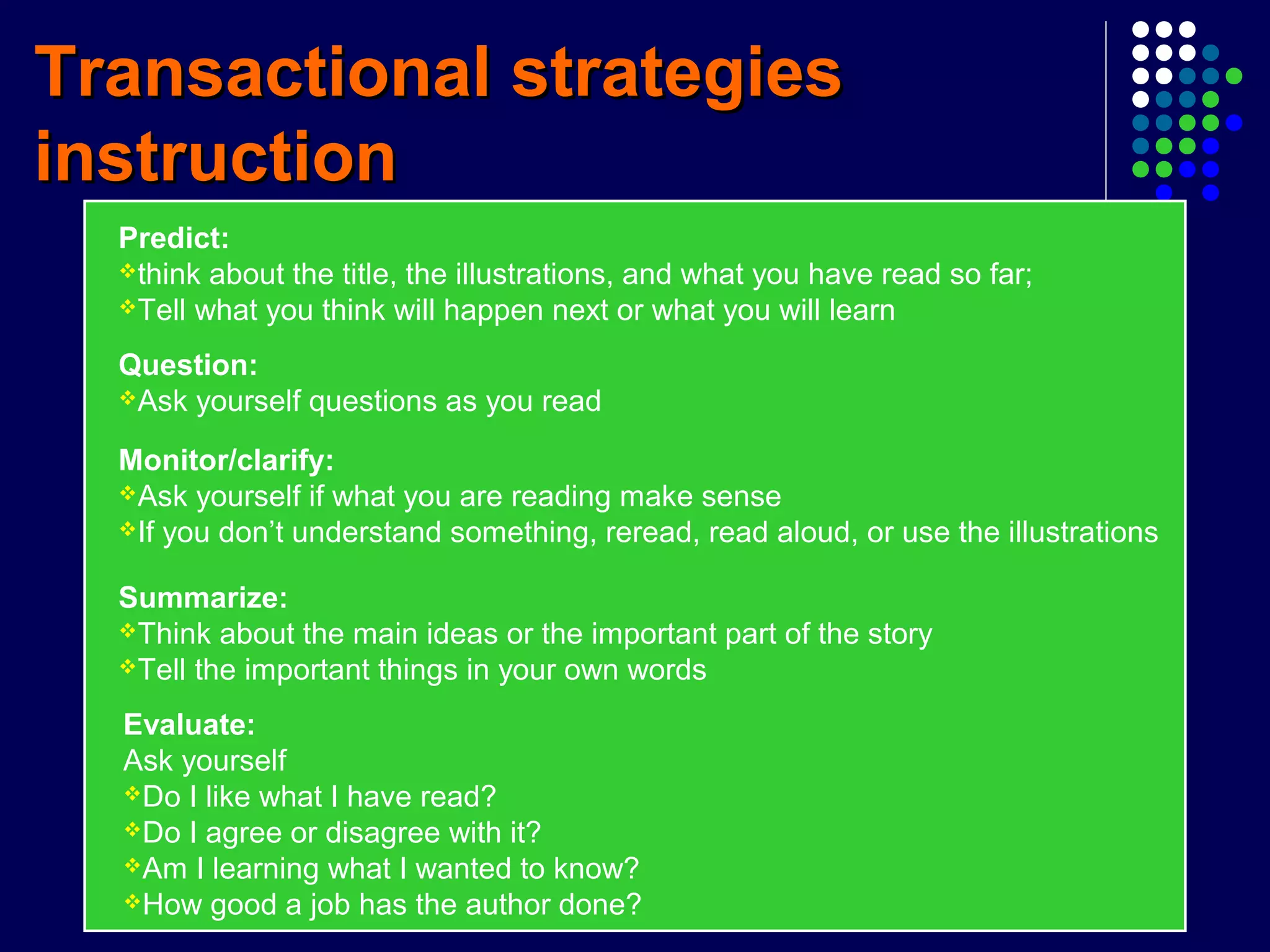 Transactional strategiesTransactional strategies
instructioninstruction
Predict:
think about the title, the illustrations, and what you have read so far;
Tell what you think will happen next or what you will learn
Question:
Ask yourself questions as you read
Monitor/clarify:
Ask yourself if what you are reading make sense
If you don’t understand something, reread, read aloud, or use the illustrations
Summarize:
Think about the main ideas or the important part of the story
Tell the important things in your own words
Evaluate:
Ask yourself
Do I like what I have read?
Do I agree or disagree with it?
Am I learning what I wanted to know?
How good a job has the author done?
 