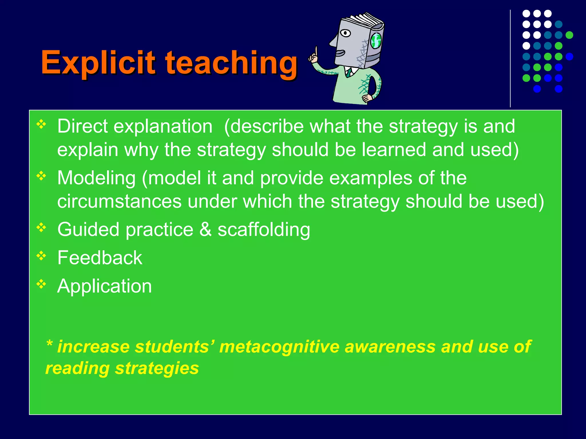 Explicit teachingExplicit teaching
 Direct explanation (describe what the strategy is and
explain why the strategy should be learned and used)
 Modeling (model it and provide examples of the
circumstances under which the strategy should be used)
 Guided practice & scaffolding
 Feedback
 Application
* increase students’ metacognitive awareness and use of
reading strategies
 