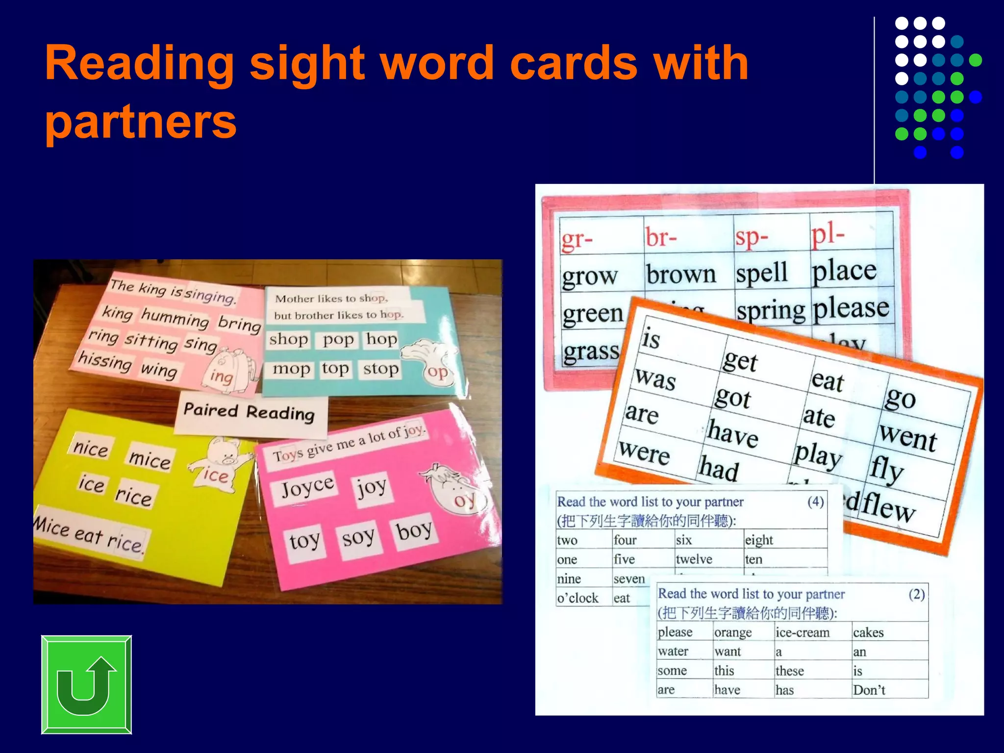 Reading sight word cards with
partners
 