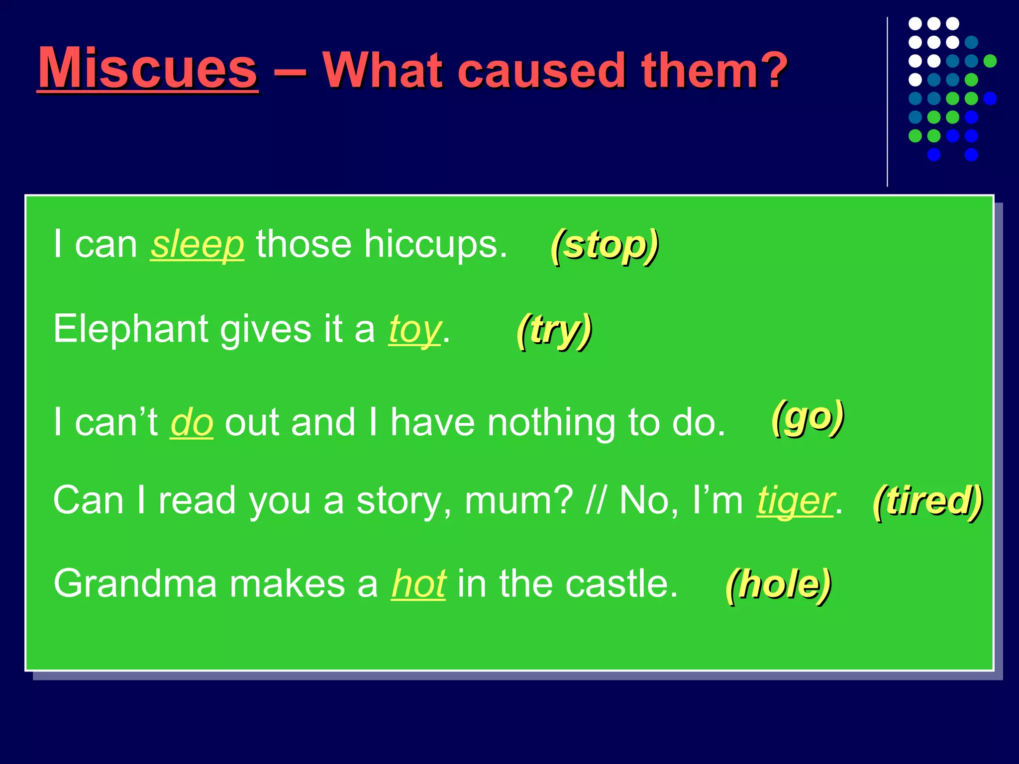 MiscuesMiscues –– What caused them?What caused them?
I can sleep those hiccups.
Elephant gives it a toy.
I can’t do out and I have nothing to do.
Can I read you a story, mum? // No, I’m tiger.
Grandma makes a hot in the castle.
(stop)(stop)
(try)(try)
(go)(go)
(tired)(tired)
(hole)(hole)
 