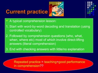 Current practiceCurrent practice
 A typical comprehension lesson:
1. Start with word-by-word decoding and translation (using
controlled vocabulary)
2. Followed by comprehension questions (who, what,
when, where etc) most of which involve direct-lifting
answers (literal comprehension)
3. End with checking answers with little/no explanation
Repeated practice = teaching=good performance
in comprehension??
 