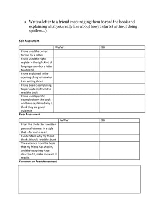  Writea letter to a friend encouraging them toread the book and
explaining what you really like about how it starts(without doing
spoilers...)
SelfAssessment
WWW EBI
I have usedthe correct
formatfor a letter
I have usedthe right
register– the rightkindof
language use – for a letter
to a friend
I have explainedinthe
openingof myletterwhat
I am writingabout
I have beenclearlytrying
to persuade myfriendto
readthe book
I have usedspecific
examplesfromthe book
and have explainedwhyI
thinktheyare good
evidence
PeerAssessment
WWW EBI
I feel like the letteriswritten
personallytome,ina style
that isfor me to read
I understandwhymyfriend
thinksIshouldreadthisbook
The evidence fromthe book
that my friendhaschosen,
and theywaytheyhave
describedit,make me wantto
readit.
Commenton PeerAssessment
 