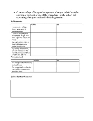  Createa collage of imagesthat represent what you thinkabout the
opening of the book or one of the characters –makea short list
explaining what your choicesin the collage mean.
SelfAssessment
WWW EBI
I have made a collage
froma wide range of
differentimages
I knowexactlywhyI’ve
choseneachimage,andI
have explainedwhyinmy
notes
My explanationsmake a
clearlinkbetweenthe
image andthe book
My collage iswell made,
youcan see eachof the
individualimagesandI’ve
saveditas a .pdf file
PeerAssessment
WWW EBI
The collage looksinteresting
and well made
The notesclearlyexplainto
me what the imagesmean
aboutthe book
Commenton PeerAssessment
 