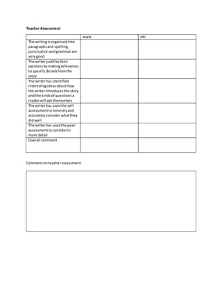 Teacher Assessment
www ebi
The writingisorganisedinto
paragraphsand spelling,
punctuationandgrammar are
verygood
The writerjustifiestheir
opinionsbymakingreferences
to specificdetailsfromthe
story
The writerhas identified
interestingideasabouthow
the writerintroducesthe story
and the kindsof questionsa
readerwill askthemselves
The writerhas usedthe self
assessmenttohonestlyand
accuratelyconsiderwhatthey
didwell
The writerhas usedthe peer
assessmenttoconsiderin
more detail
Overall comment
Commentonteacherassessment
 