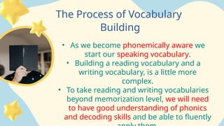 The Process of Vocabulary
Building
• As we become phonemically aware we
start our speaking vocabulary.
• Building a reading vocabulary and a
writing vocabulary, is a little more
complex.
• To take reading and writing vocabularies
beyond memorization level, we will need
to have good understanding of phonics
and decoding skills and be able to fluently
 