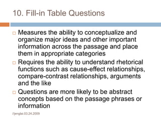 Fast Table Type Questions Reading Question Types (TOEFL Review Notes) | PPSX
