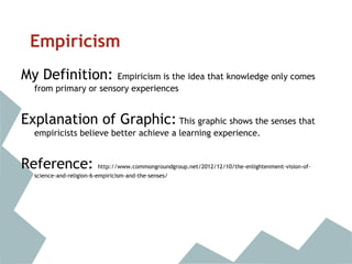 Empiricism
My Definition: Empiricism is the idea that knowledge only comes
from primary or sensory experiences
Explanation of Graphic: This graphic shows the senses that
empiricists believe better achieve a learning experience.
Reference: http://www.commongroundgroup.net/2012/12/10/the-enlightenment-vision-of-
science-and-religion-6-empiricism-and-the-senses/
 
