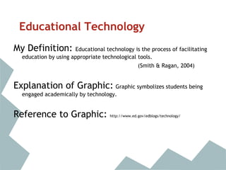Educational Technology
My Definition: Educational technology is the process of facilitating
education by using appropriate technological tools.
(Smith & Ragan, 2004)
Explanation of Graphic: Graphic symbolizes students being
engaged academically by technology.
Reference to Graphic: http://www.ed.gov/edblogs/technology/
 