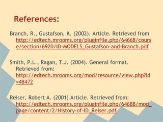 References:
Branch, R., Gustafson, K. (2002). Article. Retrieved from
http://edtech.mrooms.org/pluginfile.php/64668/cours
e/section/6920/ID-MODELS_Gustafson-and-Branch.pdf
Smith, P.L., Ragan, T.J. (2004). General format.
Retrieved from:
http://edtech.mrooms.org/mod/resource/view.php?id
=48472
Reiser, Robert A. (2001) Article. Retrieved from:
http://edtech.mrooms.org/pluginfile.php/64688/mod_
page/content/2/History-of-ID_Reiser.pdf
 
