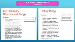 PHONEMIC AWARENESS
Activities
 