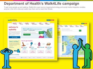 Department of Health’s Walk4Life campaign
To get more people up and walking, Walk4Life’s open source mapping technology and social media integration enables
anyone in the UK to discover walks near them and to track their fitness.
 