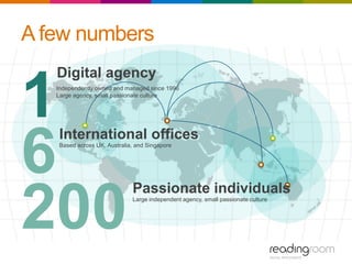 A few numbers
1
6
200
Independently owned and managed since 1996
Large agency, small passionate culture
International offices
Based across UK, Australia, and Singapore
Passionate individuals
Large independent agency, small passionate culture
Digital agency
 