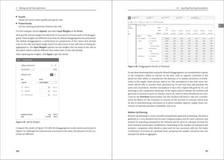 3 Setting Up the Planning Process
160
쐍 Equally
Divide the source value equally among the cells.
쐍 Proportionally
Use the existing proportions between the cells.
For this example, choose Append, and select Input Weights as the Driver.
Now specify custom weights by which the 5% increase in revenue needs to be disaggre-
gated. These weights are different from how the default disaggregation was performed.
The default disaggregation is performed on a proportion of the values that already
exist in the cells and equal weight basis if no data exists in the cells that are being dis-
aggregated to. The Input Weights options use the weights that are input in the cells in
this panel, which could be different from what exists in the cells already.
After inputting the weights, click Apply to get the results.
Figure 3.35 Specify Weights
Compare the results of Figure 3.36 with the disaggregation results shown previously in
Figure 3.31. Although the total increase in revenue is the same, the amounts for the cus-
tomer are different.
161
3.3 Inputting Planning Assumptions
3
Figure 3.36 Disaggregation Results of Distribute
In top-down planning when using the default disaggregation, no consideration is given
to the company’s ability to execute on the plan, such as capacity constraint in the
plants for their ability to manufacture the demand, or to market saturation, to bottle-
necks in the supply chain process, and so on. The assumption is also that every cus-
tomer will be able to increase their purchases by 5% and that they will purchase the
same mix of products. Another assumption is that every region will grow by 5%, not
factoring in the competitive landscape of the region and/or whether the revenue will
grow due to increase in price or volume, and so on. Some of these limitations are over-
come by the Distribute functionality, but this method still doesn’t take into consider-
ation the ability for the company to execute on the increase in revenue, which may
be due to manufacturing constraints as in plant available capacity, supply chain con-
straints of material and labor availability, and so on.
Bottom-Up Planning
Bottom-up planning is a more scientific and granular approach to planning. The data is
gathered at a very detailed level by each company/region and for each customer and
product by inputting assumptions for demand and for price to calculate revenue for
each customer and product combination. Depending on the number of customers and
products, companies often decide to plan only for top customers, who are the major
contributors of revenue at a granular level, and group the smaller customers into one
and plan for them in aggregate.
 