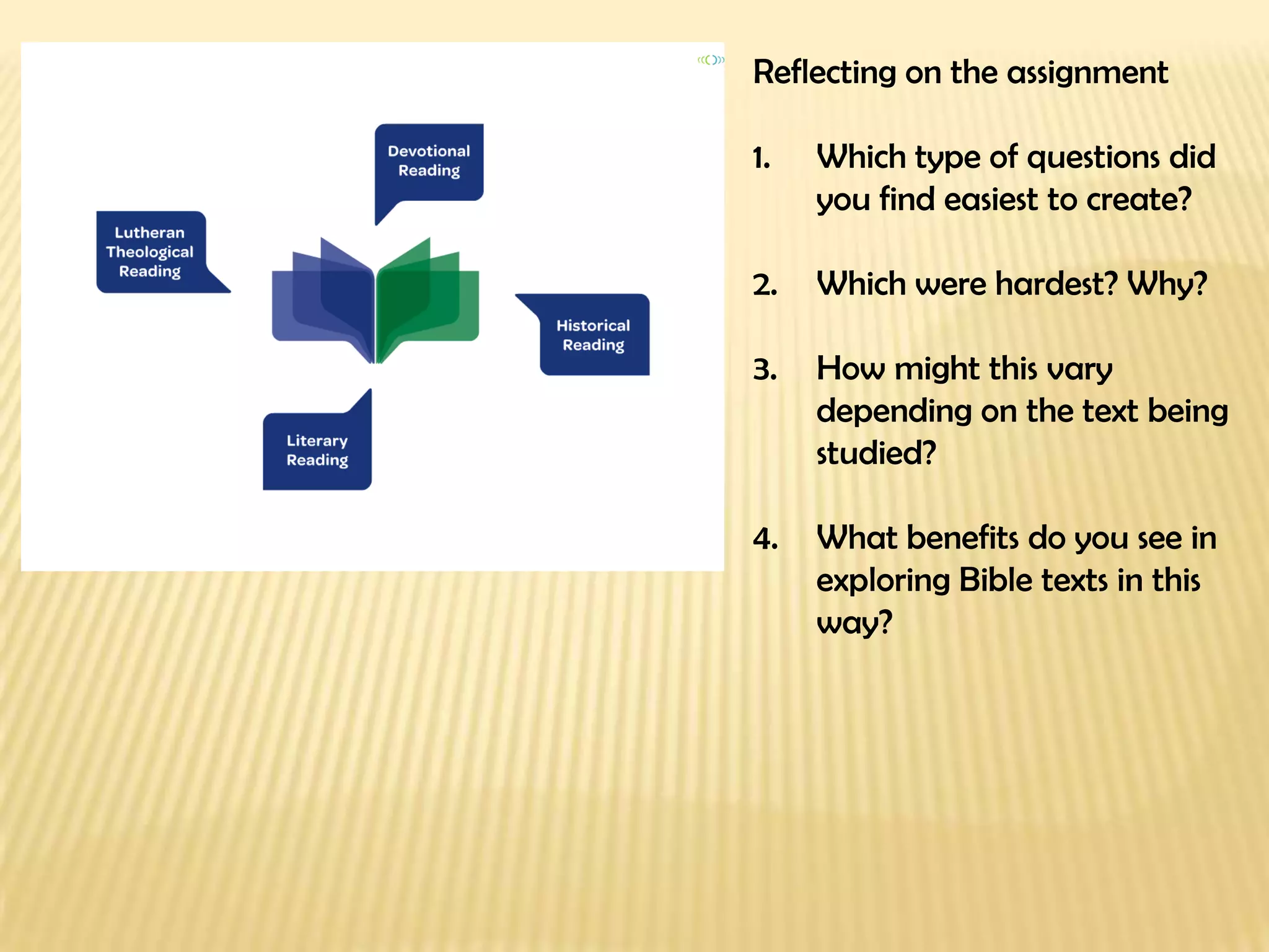 Reflecting on the assignment Which type of questions did you find easiest to create? Which were hardest? Why? How might this vary depending on the text being studied? What benefits do you see in exploring Bible texts in this way? 