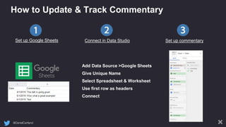 @DanielCartland
Add Data Source >Google Sheets
Give Unique Name
Select Spreadsheet & Worksheet
Use first row as headers
Connect
How to Update & Track Commentary
Set up Google Sheets Connect in Data Studio Set up commentary
 