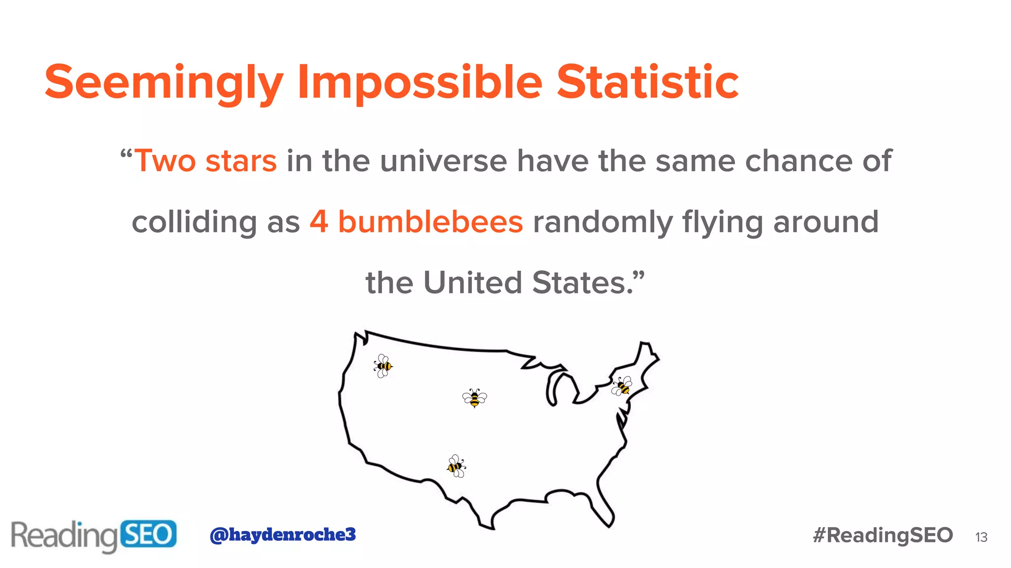 13
“Two stars in the universe have the same chance of
colliding as 4 bumblebees randomly ﬂying around
the United States.”
Seemingly Impossible Statistic
@haydenroche3 #ReadingSEO
 