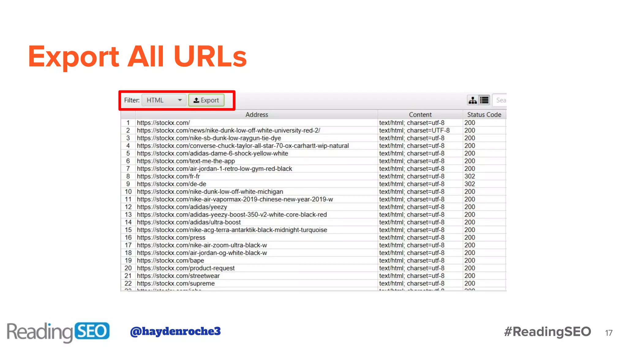 Export All URLs
17@haydenroche3 #ReadingSEO
 