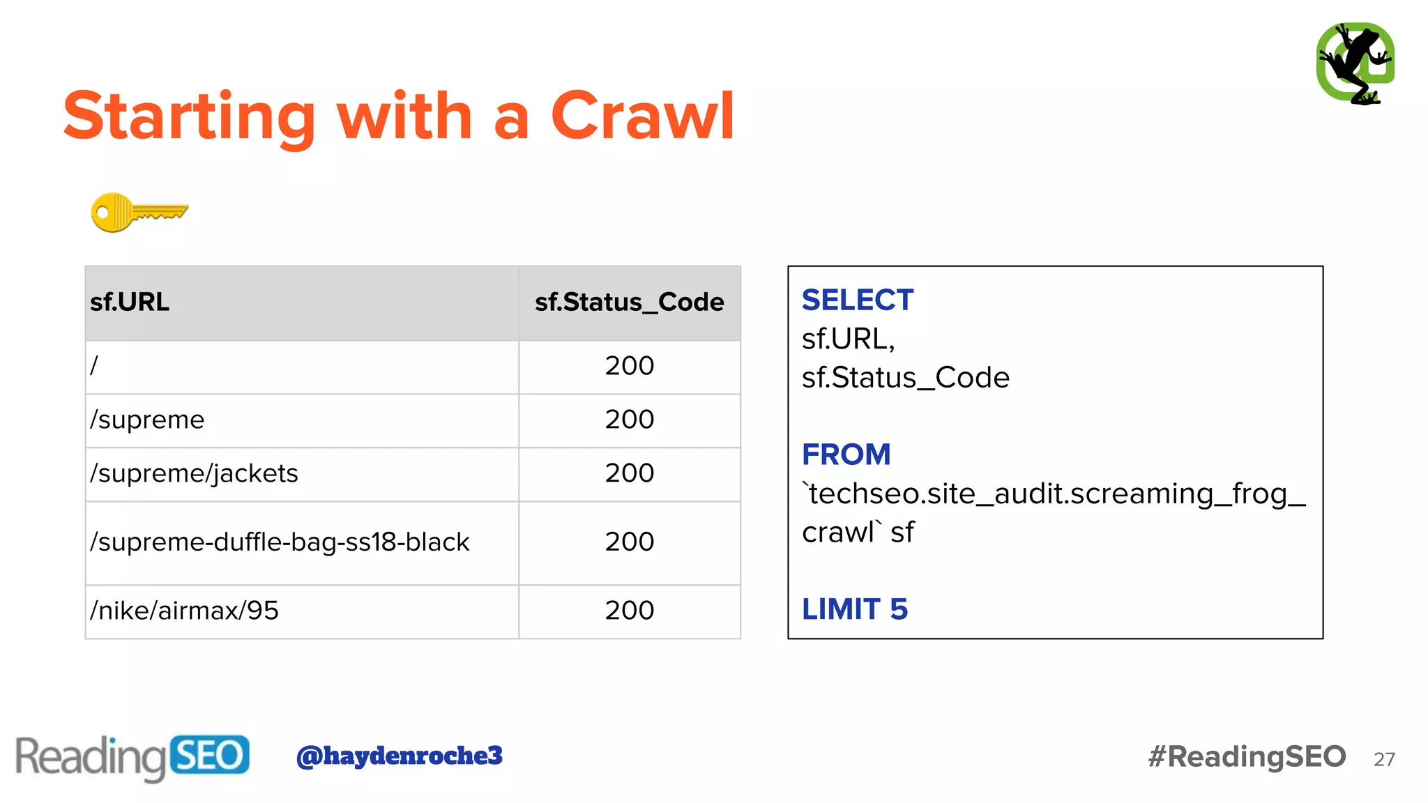Starting with a Crawl
27
sf.URL sf.Status_Code
/ 200
/supreme 200
/supreme/jackets 200
/supreme-duﬄe-bag-ss18-black 200
/nike/airmax/95 200
SELECT
sf.URL,
sf.Status_Code
FROM
`techseo.site_audit.screaming_frog_
crawl` sf
LIMIT 5
@haydenroche3 #ReadingSEO
 