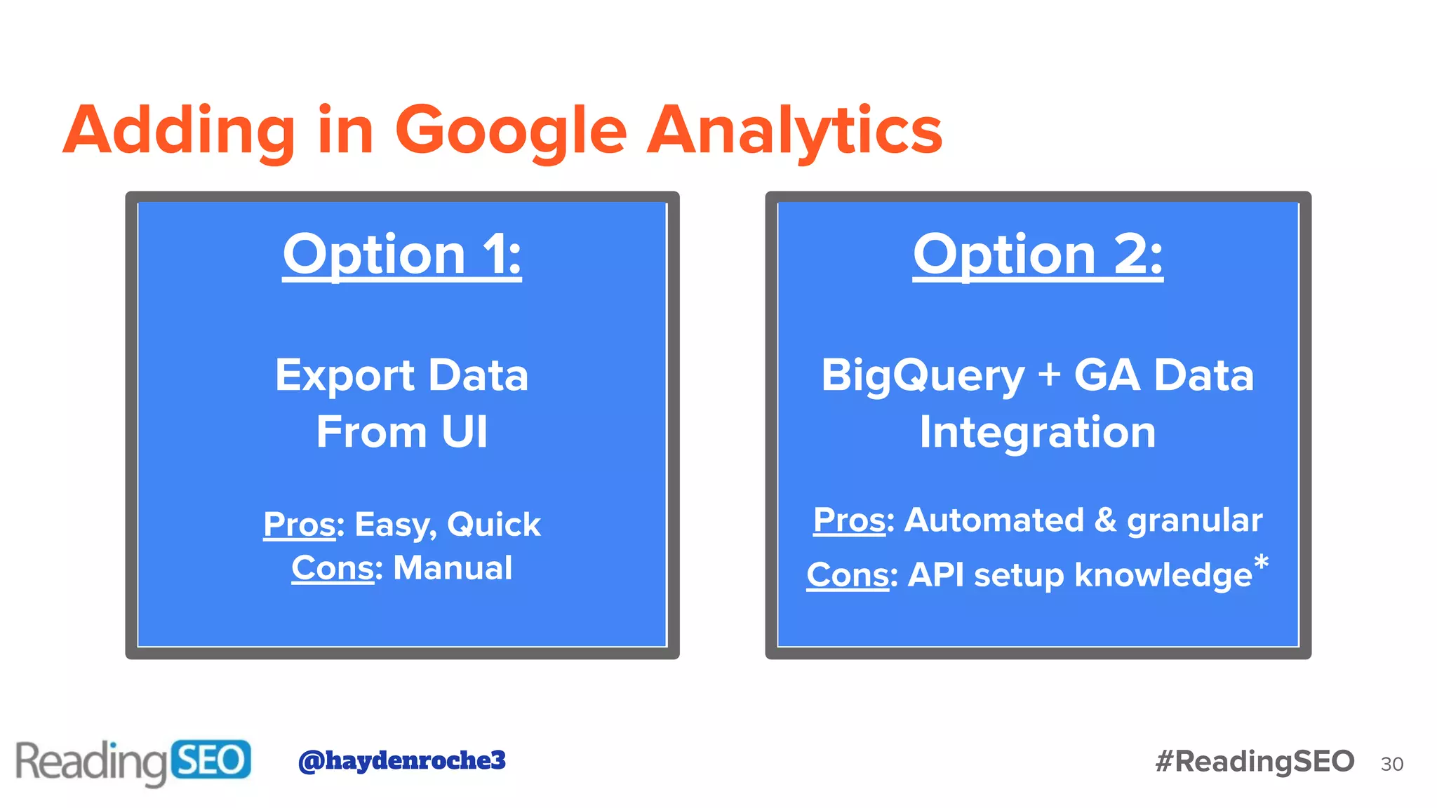 Adding in Google Analytics
30
Option 1:
Export Data
From UI
Pros: Easy, Quick
Cons: Manual
Option 2:
BigQuery + GA Data
Integration
Pros: Automated & granular
Cons: API setup knowledge*
@haydenroche3 #ReadingSEO
 