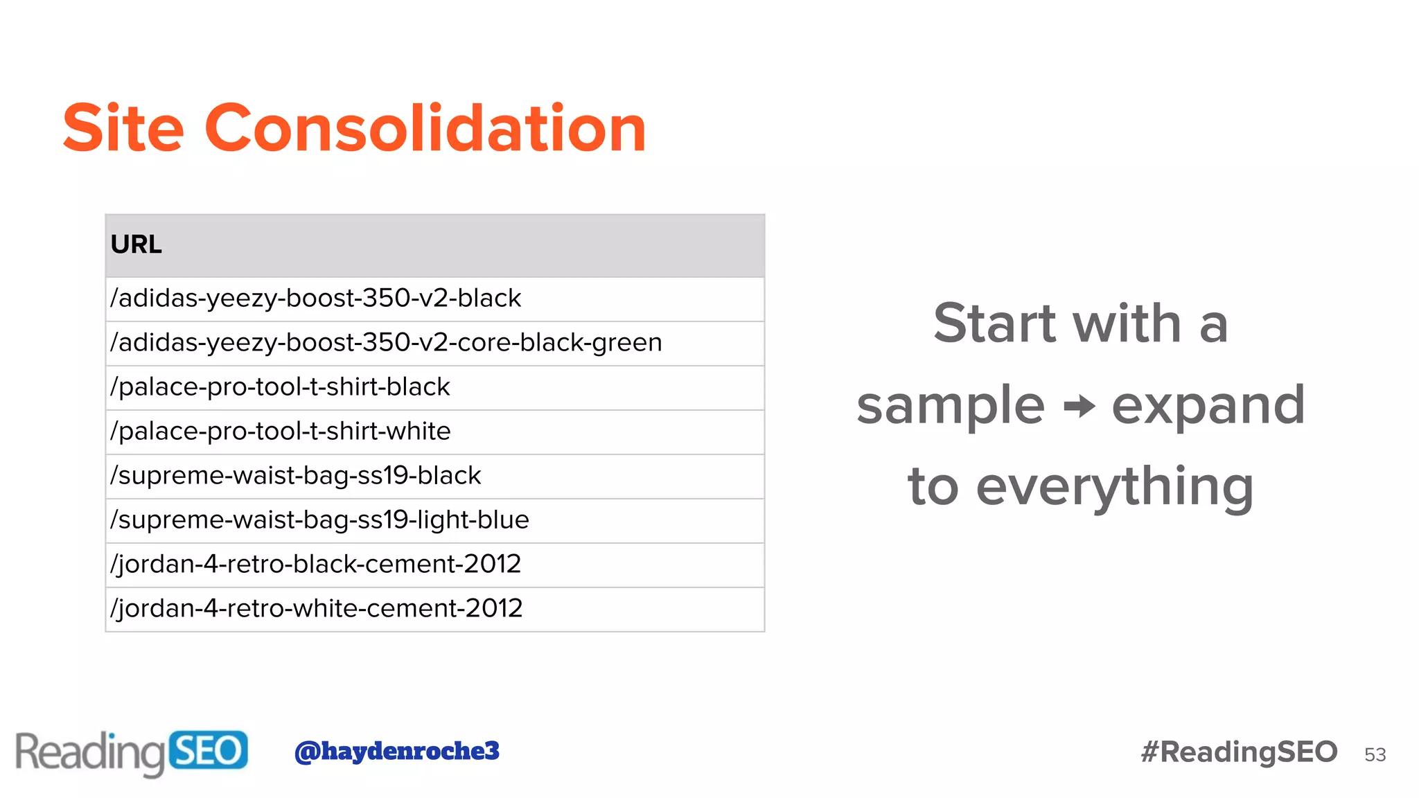 Site Consolidation
53
URL
/adidas-yeezy-boost-350-v2-black
/adidas-yeezy-boost-350-v2-core-black-green
/palace-pro-tool-t-shirt-black
/palace-pro-tool-t-shirt-white
/supreme-waist-bag-ss19-black
/supreme-waist-bag-ss19-light-blue
/jordan-4-retro-black-cement-2012
/jordan-4-retro-white-cement-2012
Start with a
sample → expand
to everything
@haydenroche3 #ReadingSEO
 