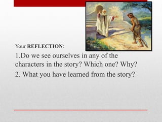 Your REFLECTION:
1.Do we see ourselves in any of the
characters in the story? Which one? Why?
2. What you have learned from the story?
 