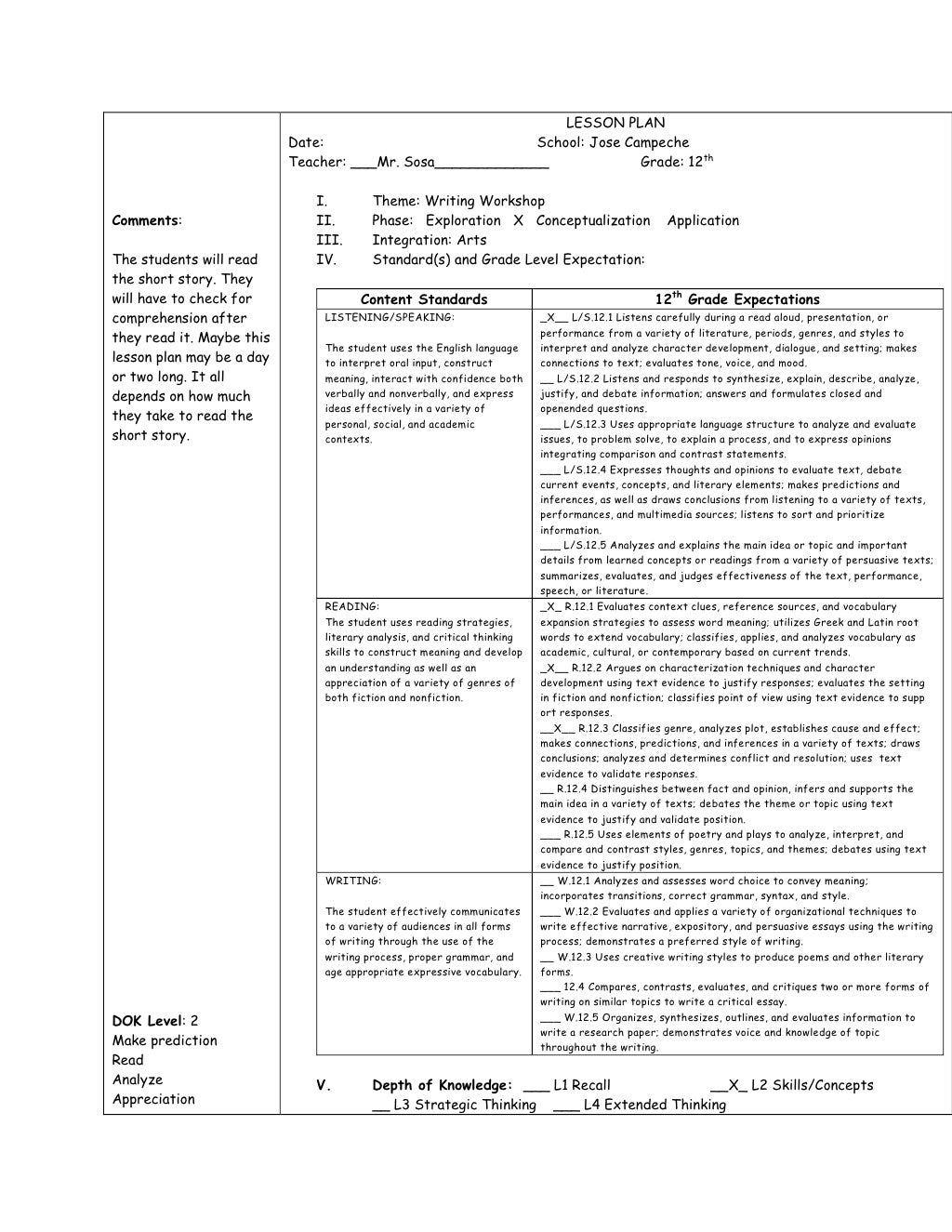 Reading short story lesson plan