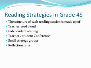 Reading Strategies in Grade 4S  The structure of each reading session is made up of  Teacher  read aloud Independent reading Teacher / student Conference  Small strategy groups Reflection time 